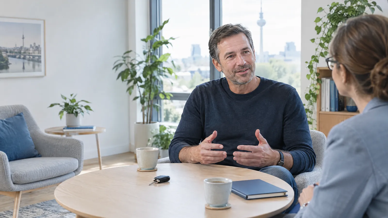 Ein Mann im Gespräch mit einer Verkehrspsychologin in einer hellen Berliner Praxis, auf dem Tisch Autoschlüssel und Kaffee – der verkehrspsychologische Teil des Fahreignungsseminars