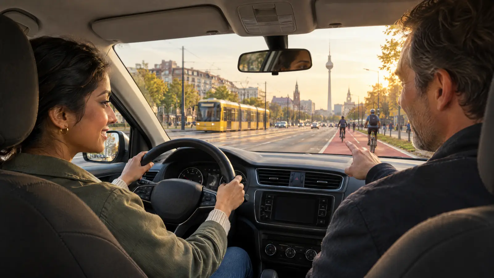 Smiling young South Asian woman at the wheel of a driving school car in Berlin, her instructor pointing ahead, a yellow tram, a red cycle lane and the TV tower visible through the windscreen