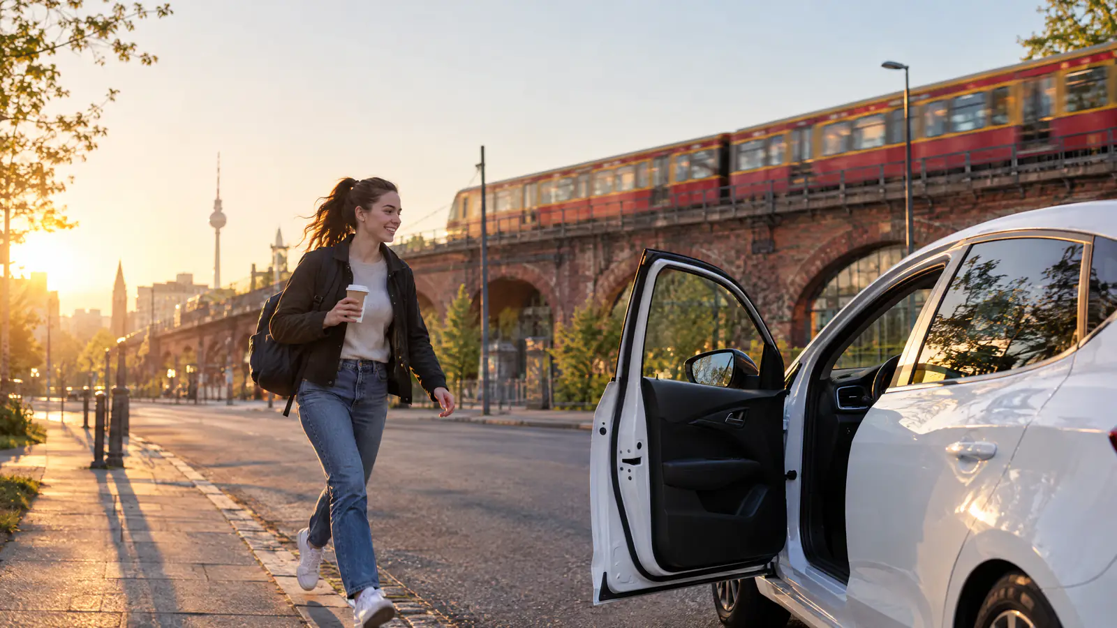 Junge Frau mit Kaffeebecher geht bei Sonnenaufgang zu einem Fahrschulauto mit offener Fahrertür, im Hintergrund eine Berliner S-Bahn auf dem Viadukt und der Fernsehturm