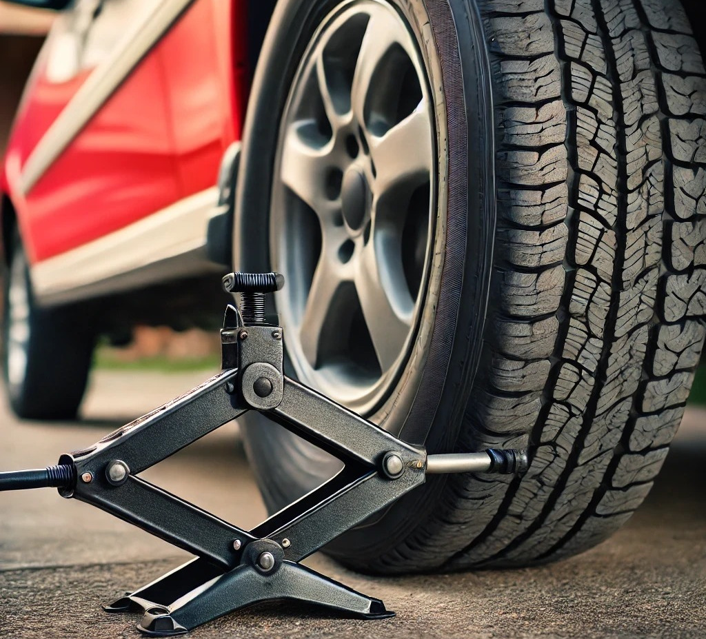 rotes Auto mit Ersatzrad hinten links und Wagenheber im Fokus